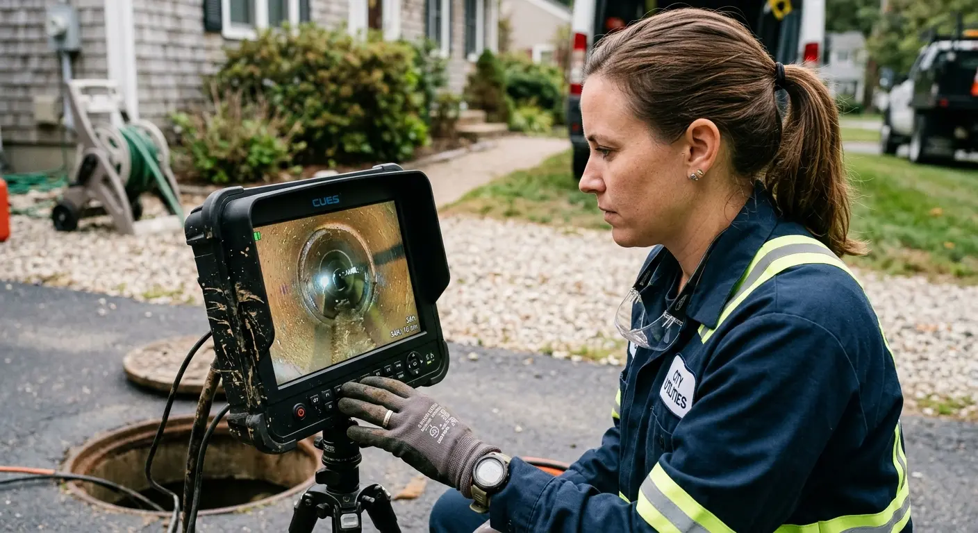 Technician reviewing sewer camera inspection footage in Saline