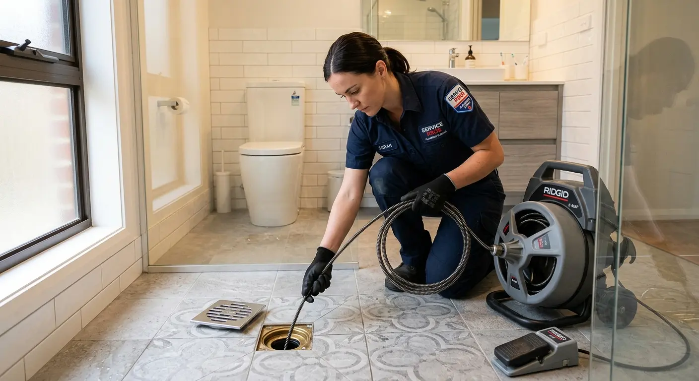 Technician clearing a bathroom floor drain for Sewer Line Replacement in Saline